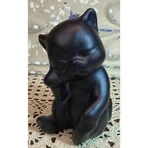 Adorable Sleek Glazed Black Ceramic Cat Kitten Figurine
